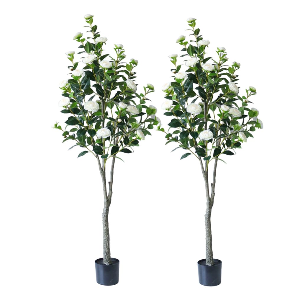 Albero di camelia artificiale Garvee da 150-180 cm con foglie e fiori realistici, facile da pulire, bianco, per la decorazione di casa e ufficio