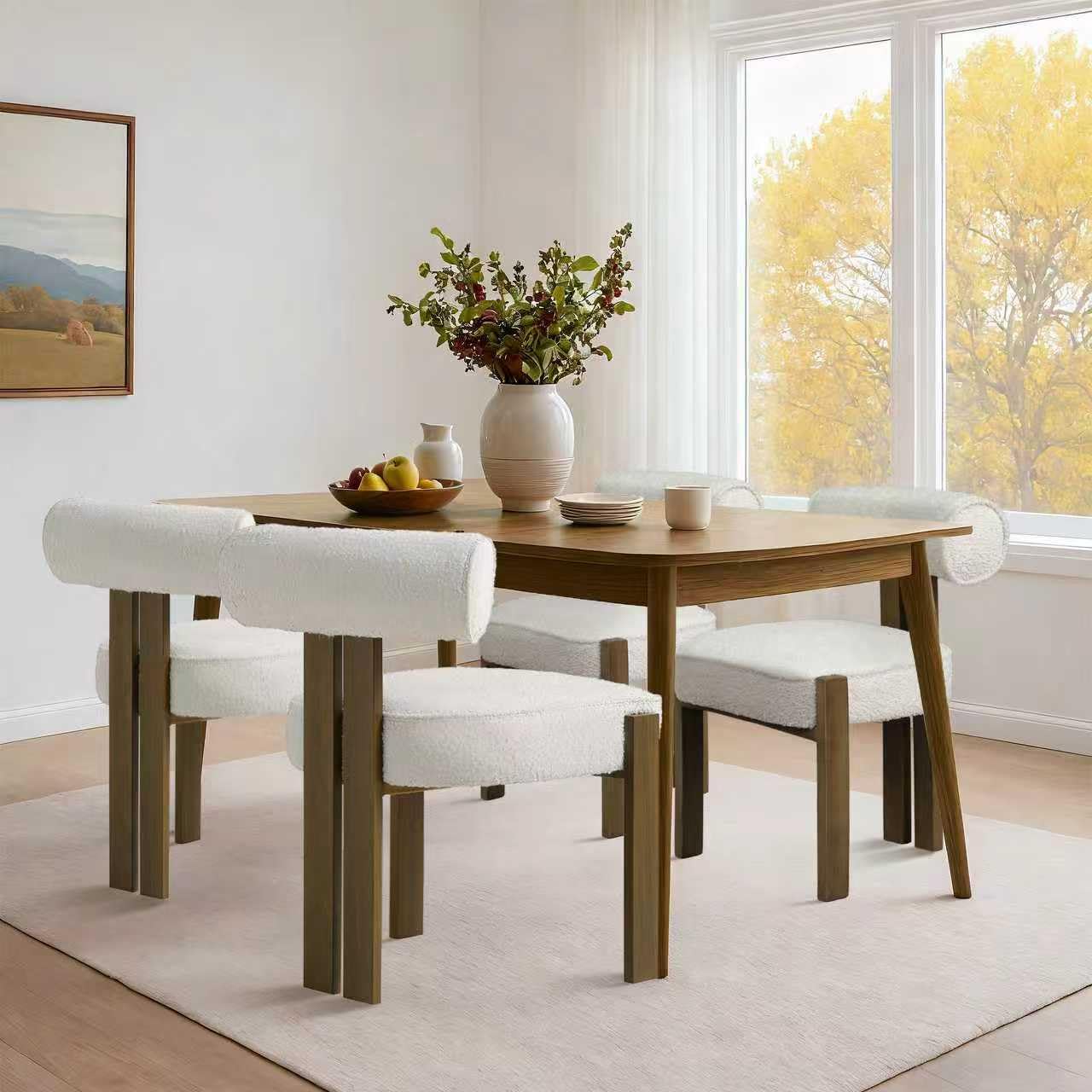 Set di 2 sedie da pranzo Garvee, tessuto bouclé, schienale ergonomico, schiuma comfort, gambe in legno di caucciù, moderne, bianche, per sala da pranzo e soggiorno