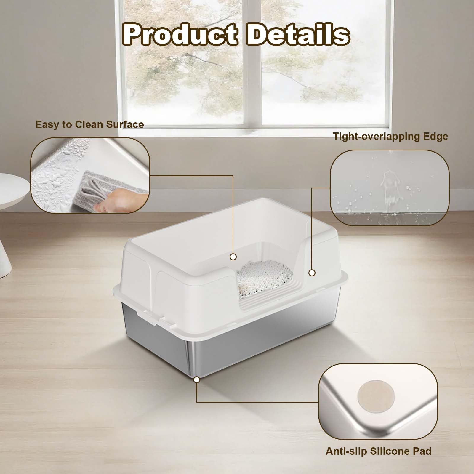 Lettiera per gatti Garvee in acciaio inox con tappetino antiscivolo e paletta per uso interno, antigraffio, con coperchio, chiusura robusta, facile da pulire