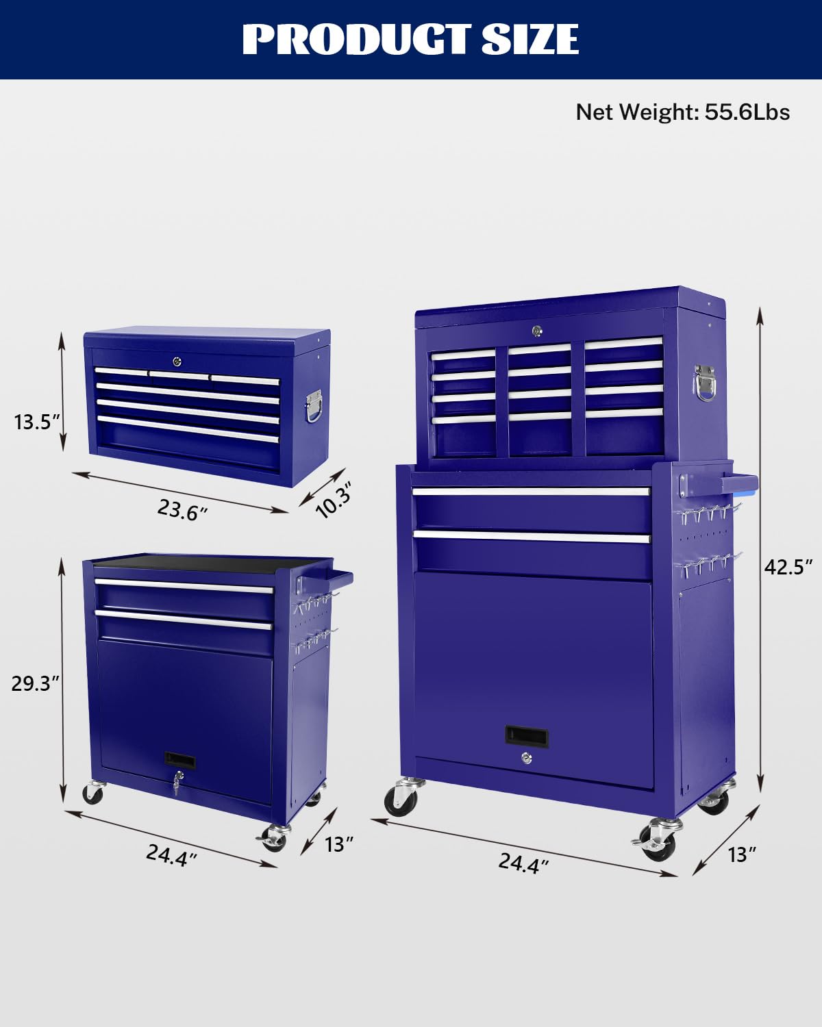 Carrello portautensili Garvee a 8 cassetti con cassetta portautensili staccabile 2 in 1, acciaio, officina e garage, bloccabile, con ruota, ammortizzante
