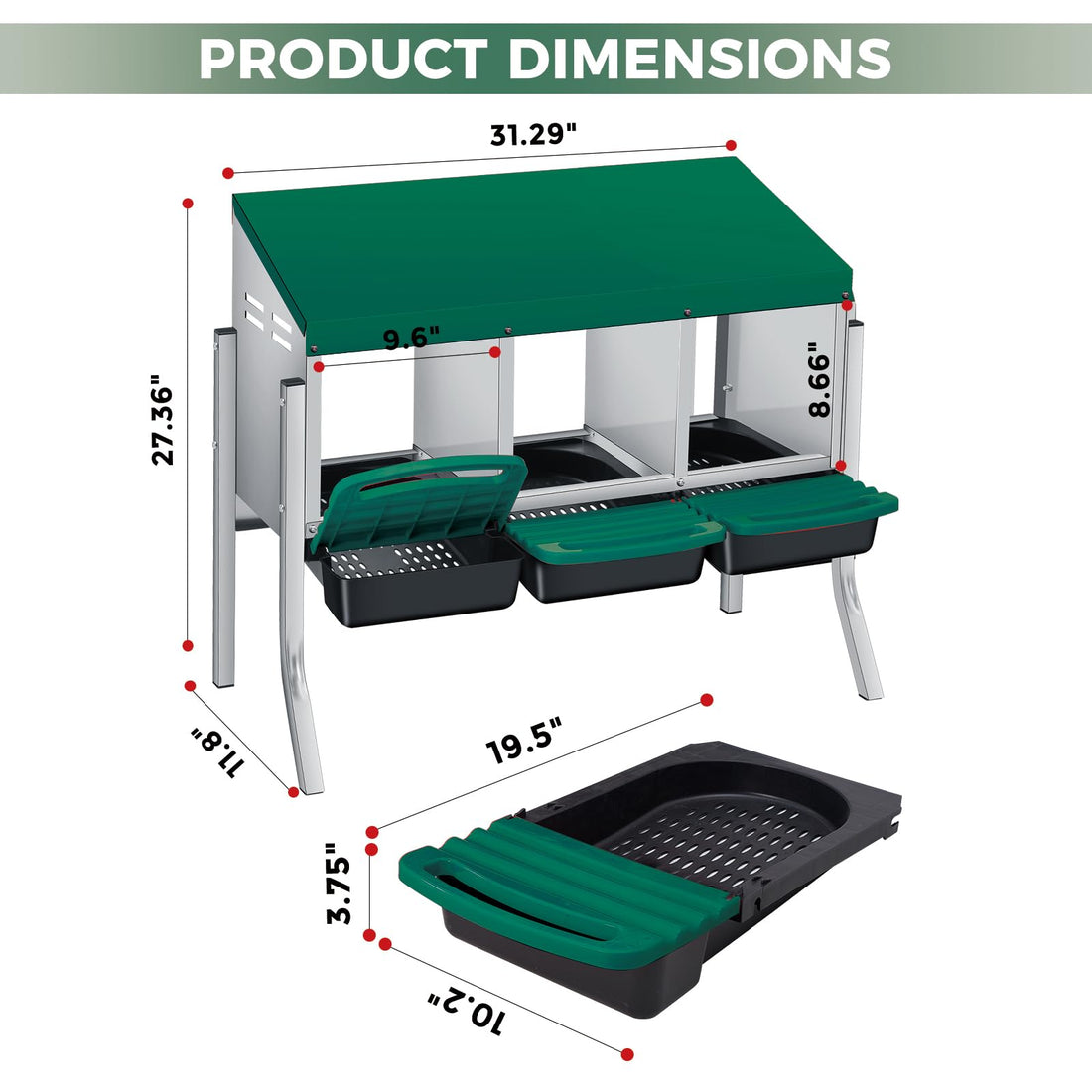 Nido per polli Garvee a 3 fori in metallo antiruggine con vassoio rimovibile per fattoria e giardino