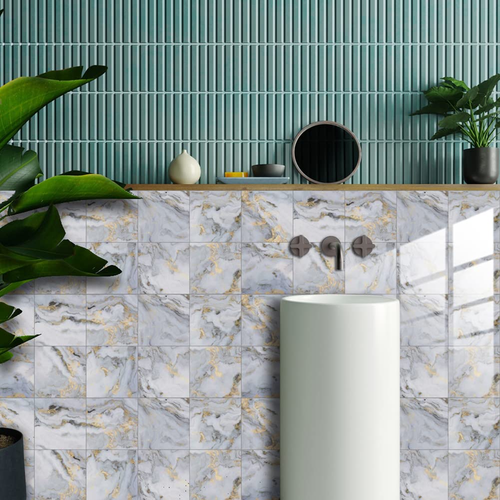 Garvee 10 adesivi per piastrelle in vinile effetto marmo, impermeabili, resistenti all'olio, autoadesivi, per decorare le piastrelle delle pareti di cucina e bagno