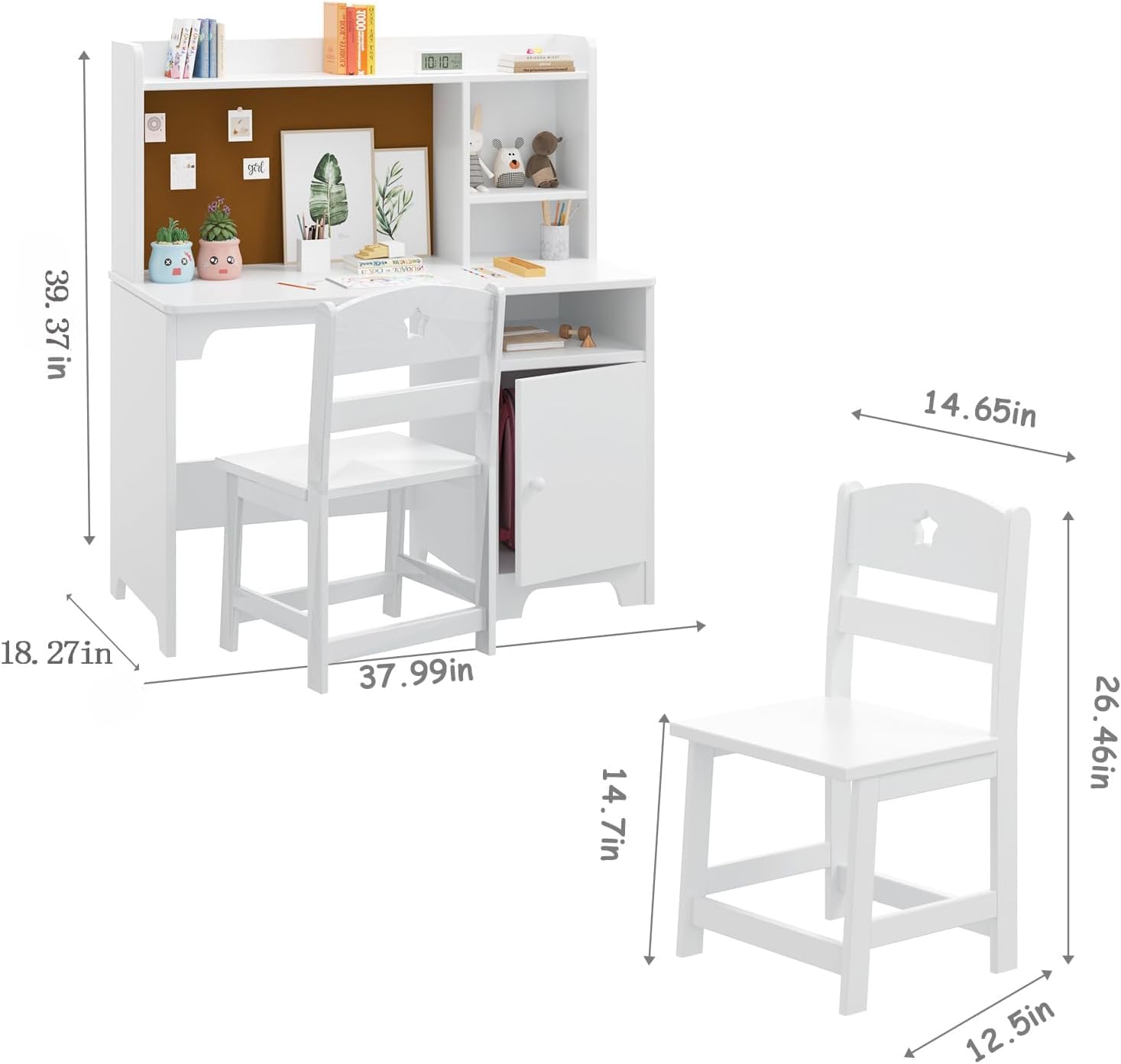 Set da scrivania per bambini Garvee, in legno, bianco, con ripiano e spazio di archiviazione, sedia ergonomica per imparare e giocare