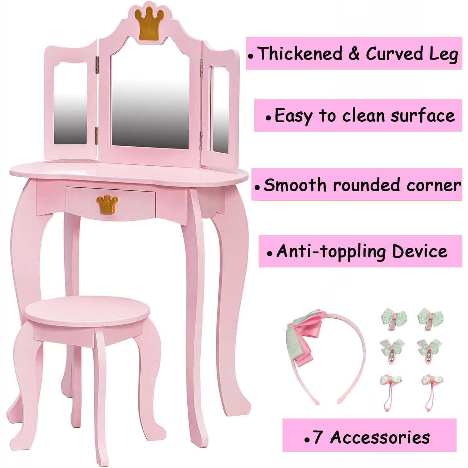 Garvee Tocador Infantil De Madera 2 En 1 Con Espejo Triple Plegable Y Cajón Para Niñas, Diseño Princesa, MDF Resistente, Taburete, Habitación Infantil