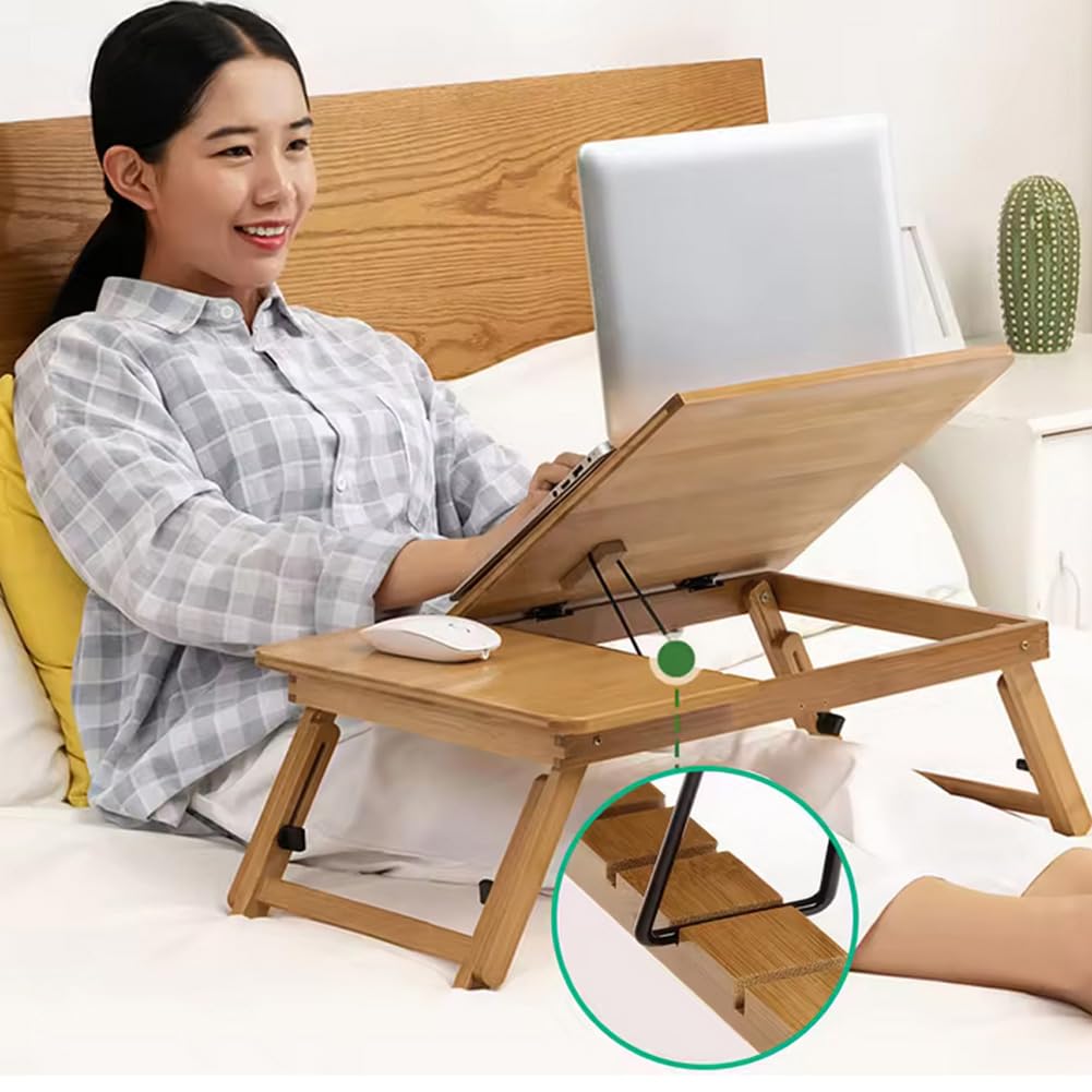 Vassoio per laptop Garvee in bambù con angolazione e altezza regolabili, pieghevole, ecologico per letto e divano, leggero, versatile