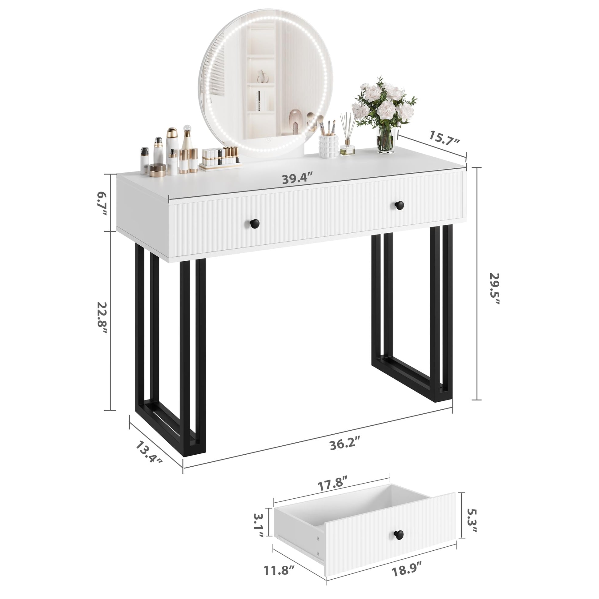Toletta Garvee con specchio e luce LED a 3 colori, luminosità regolabile, 2 cassetti, superficie in MDF bianco, design moderno, camera da letto
