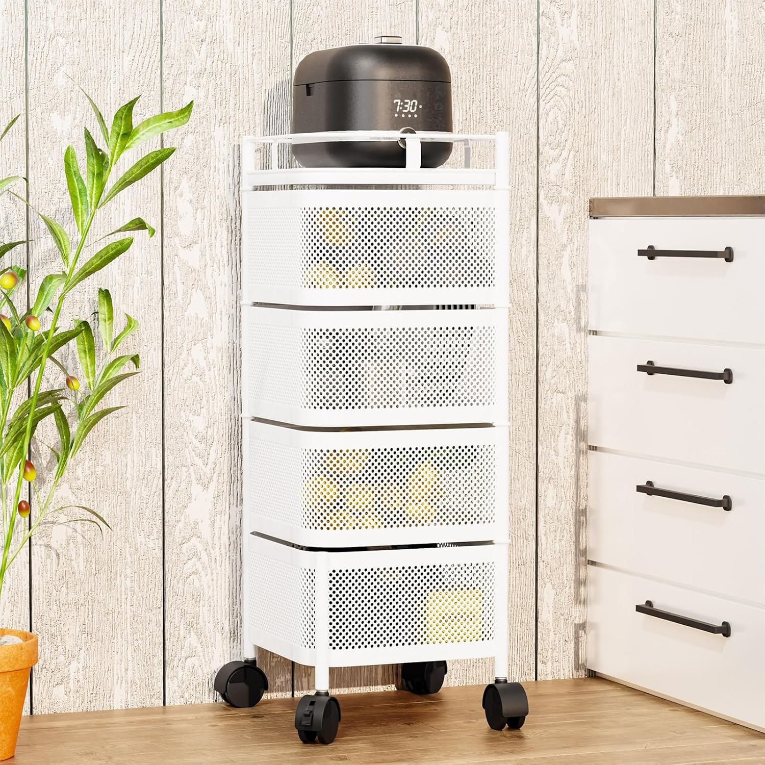 Carrello da cucina con ruote in metallo bianco a 4 ripiani Garvee, 78x28x28 cm, per soluzioni di stoccaggio ampliate in cucina, cantina e officina, facile da manovrare