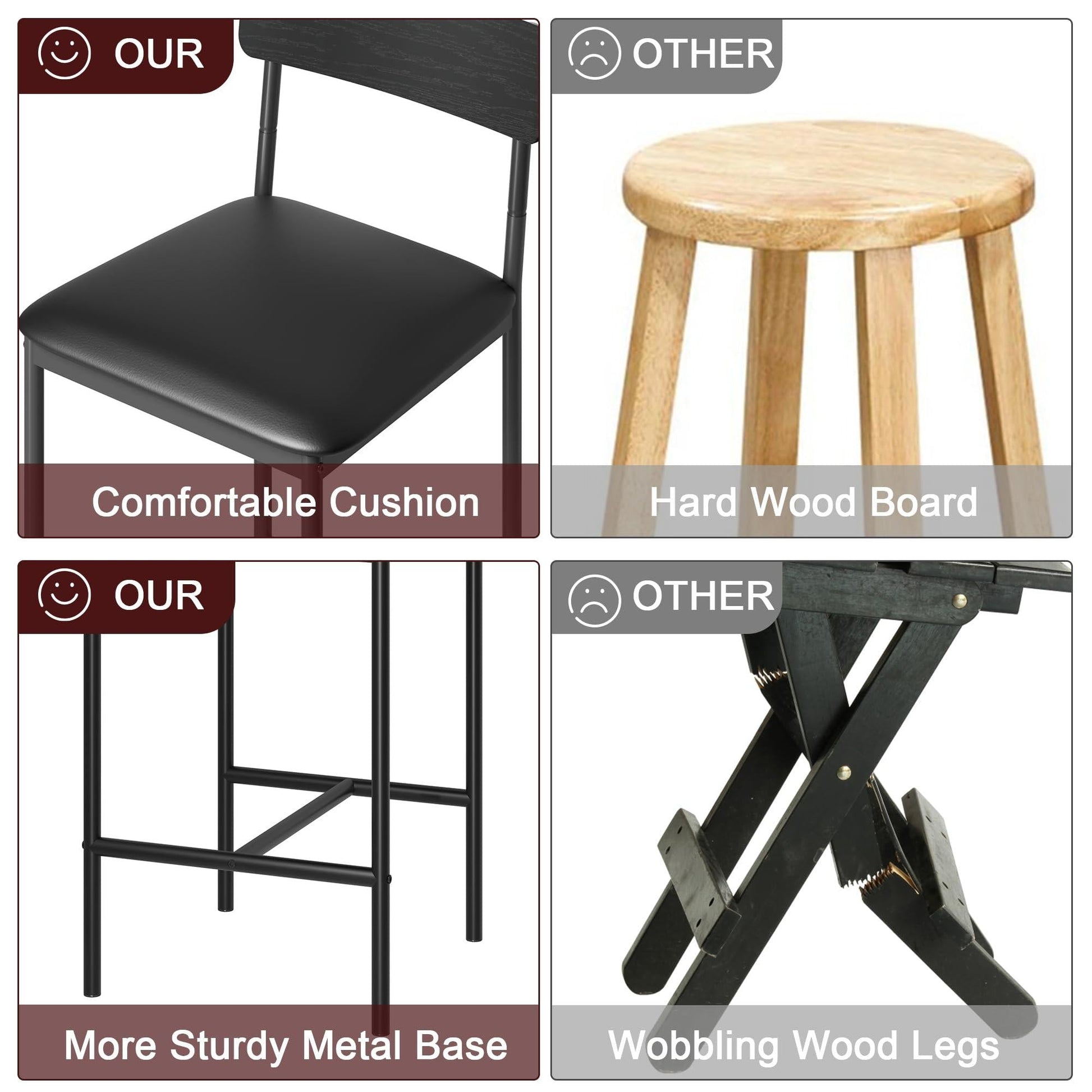Set di 2 ripiani nel bar Garvee, sedute nel bar della cucina con poggiapiedi, imbottiti, guide ergonomiche, MDF e acciaio, nero rustico, stabili, per banconi e isole