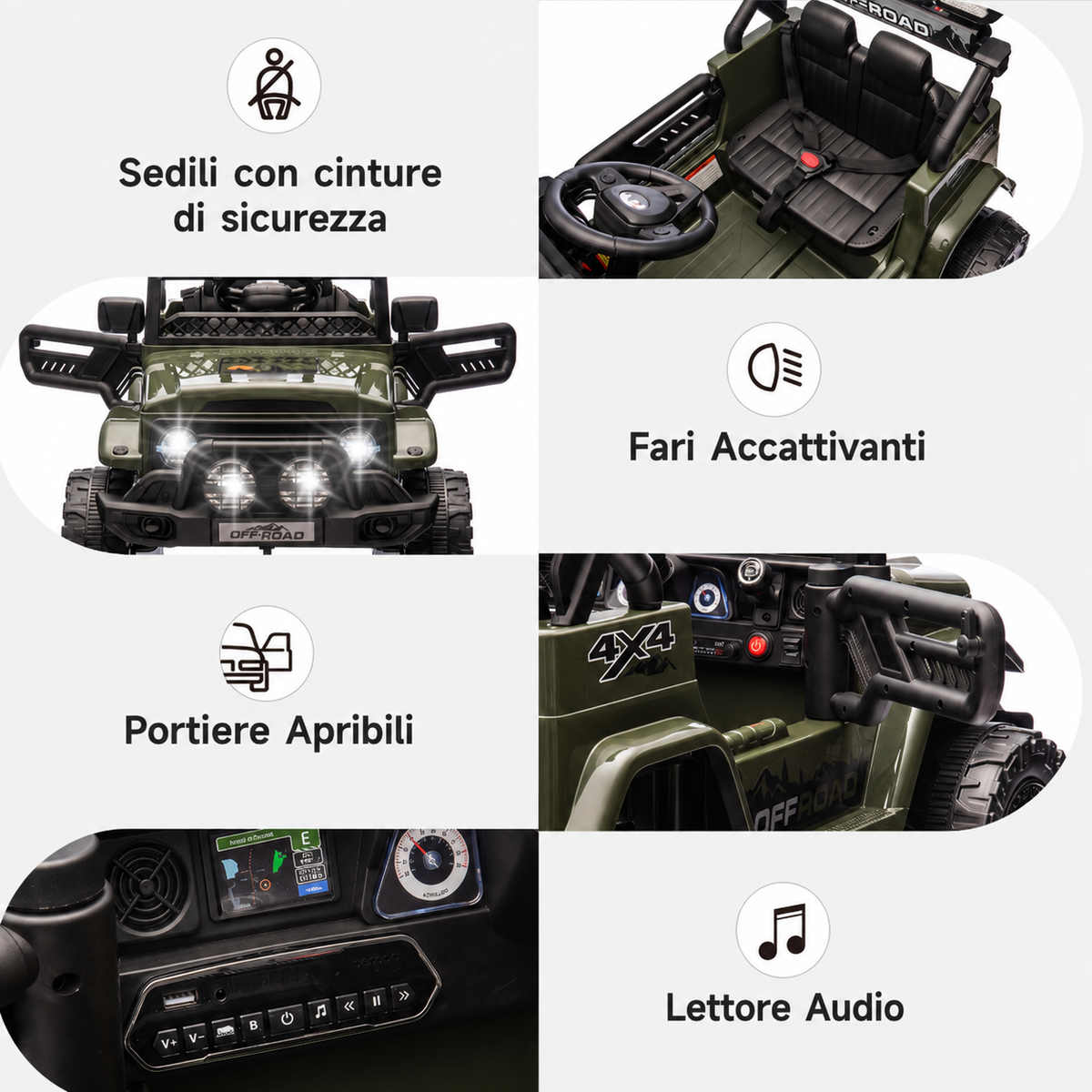 Garvee 12V Auto elettrica per bambini verde militare con LED e Bluetooth per parco giochi, giardino e guida su strada