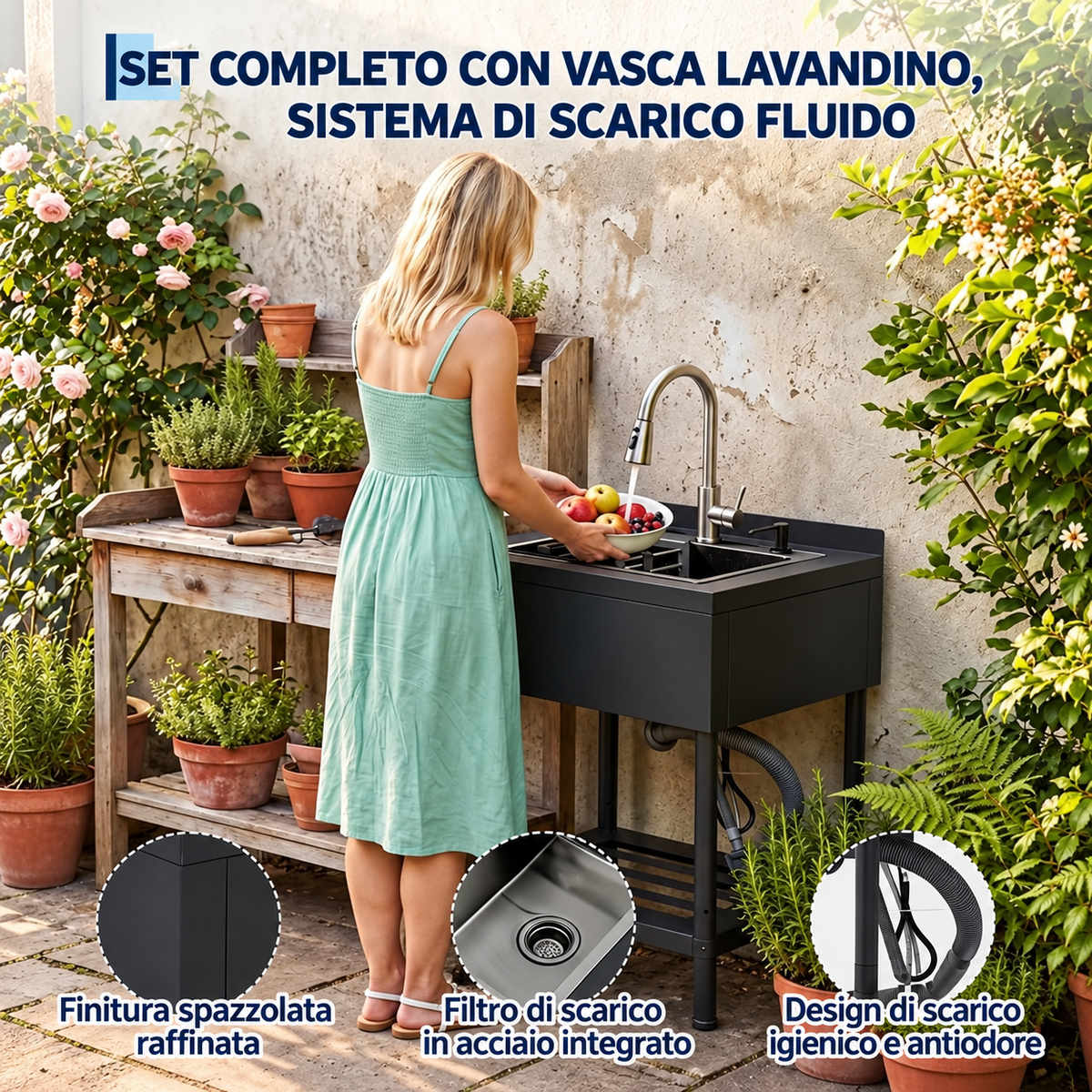 Garvee Lavello in acciaio inox Garvee 65x53x100 cm – Lavello singolo freestanding per cucina, lavanderia ed esterni – Struttura e vasca nere