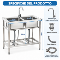 GARVEE Lavello Professionale in Acciaio Inox 84 cm, Doppia Vasca con Rubinetto Acqua Calda e Fredda e Piano di Lavoro, per Cucina e Esterno