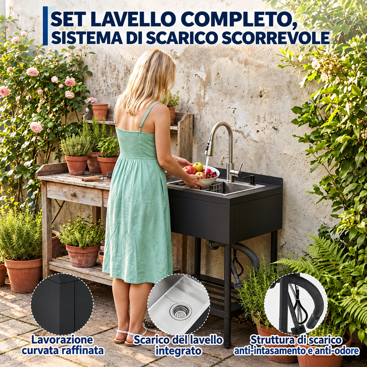 Lavello in acciaio inox Garvee 65x53x100 cm – Lavello singolo freestanding per cucina, lavanderia ed esterni – Struttura nera, vasca in acciaio inox