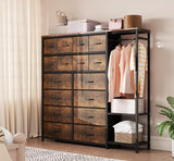 Garvee Cassettiera con 16 Cassetti, Asta Appendiabiti, Ripiani - Metallo Resistente, Organizer per Camera e Ingresso, Montaggio Reversibile, Tessuto Robusto - Marrone