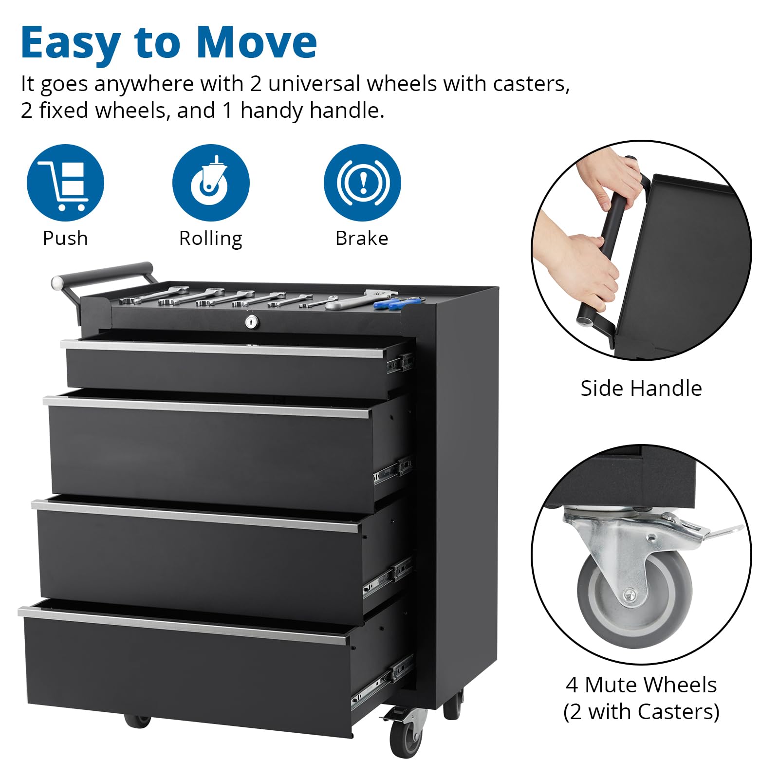 Carrello portautensili Garvee con 6 cassetti, ruote, serratura, acciaio, per officina e garage, 24 pollici, nero