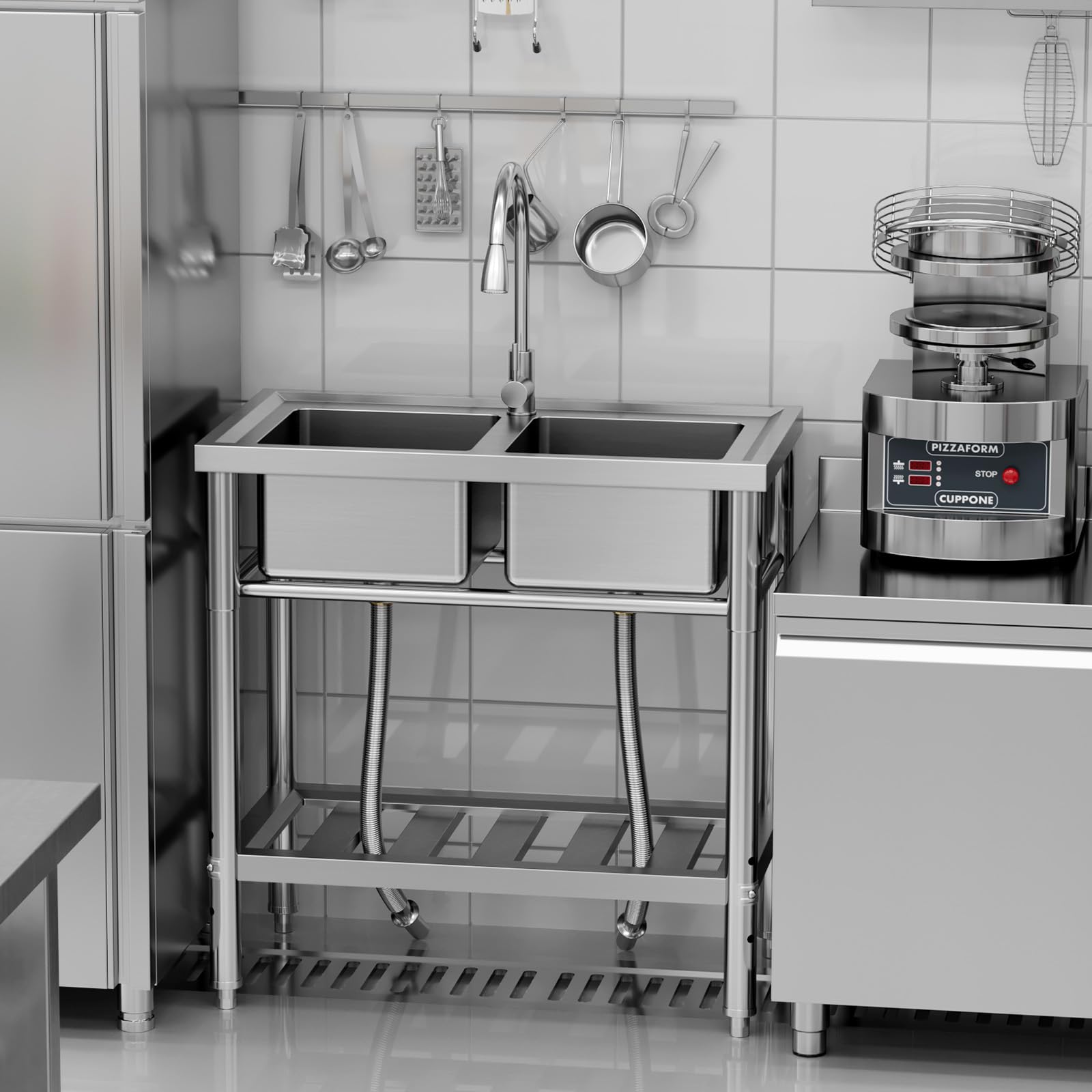 Lavello doppio in acciaio inossidabile Garvee da 33 pollici per garage e giardino, rubinetti per acqua calda e fredda, argento antiruggine, indipendente