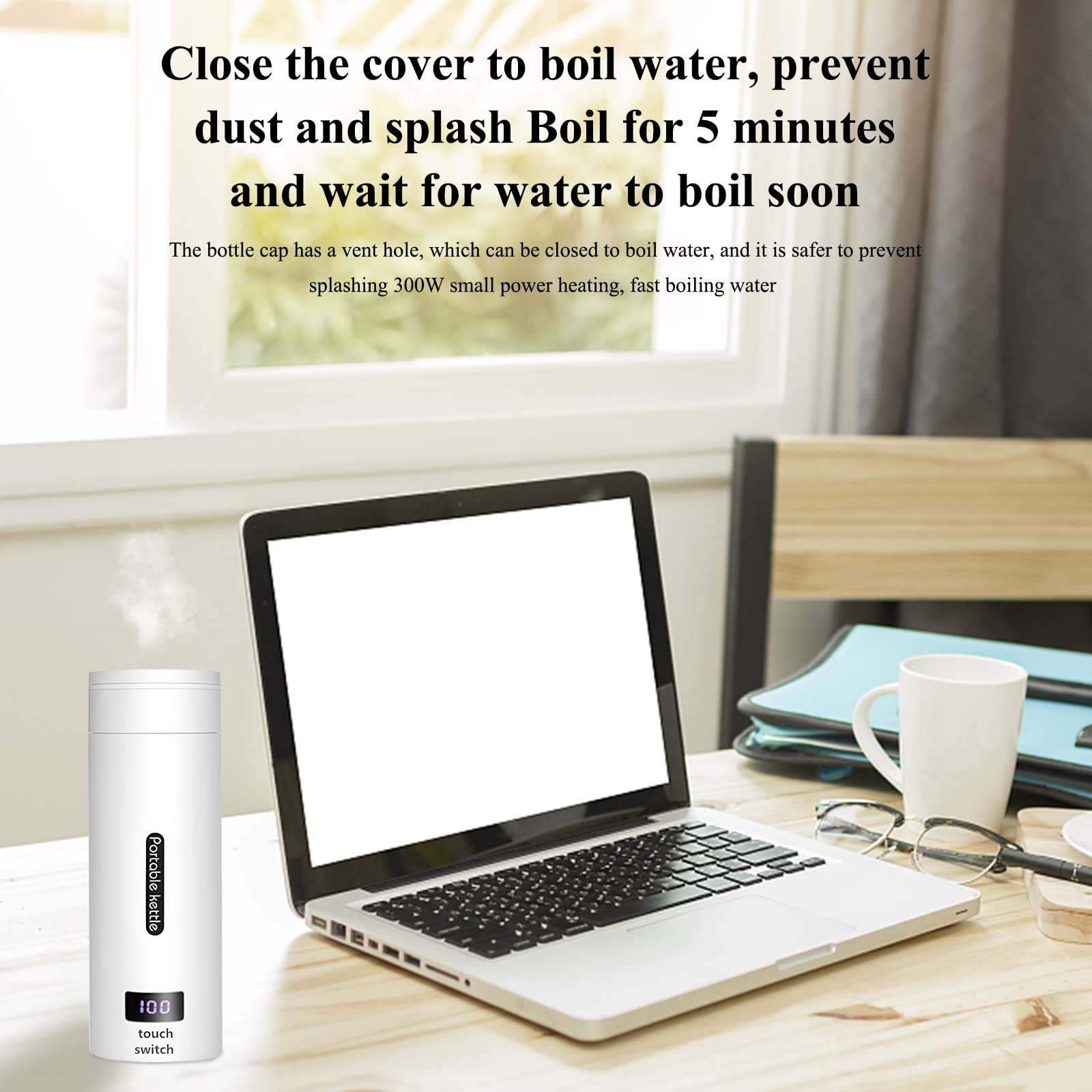 Bollitore elettrico Garvee da 380 ml in acciaio inossidabile, portatile, con controllo della temperatura a LED, per campeggio, ufficio, viaggio, compatto e rapido.