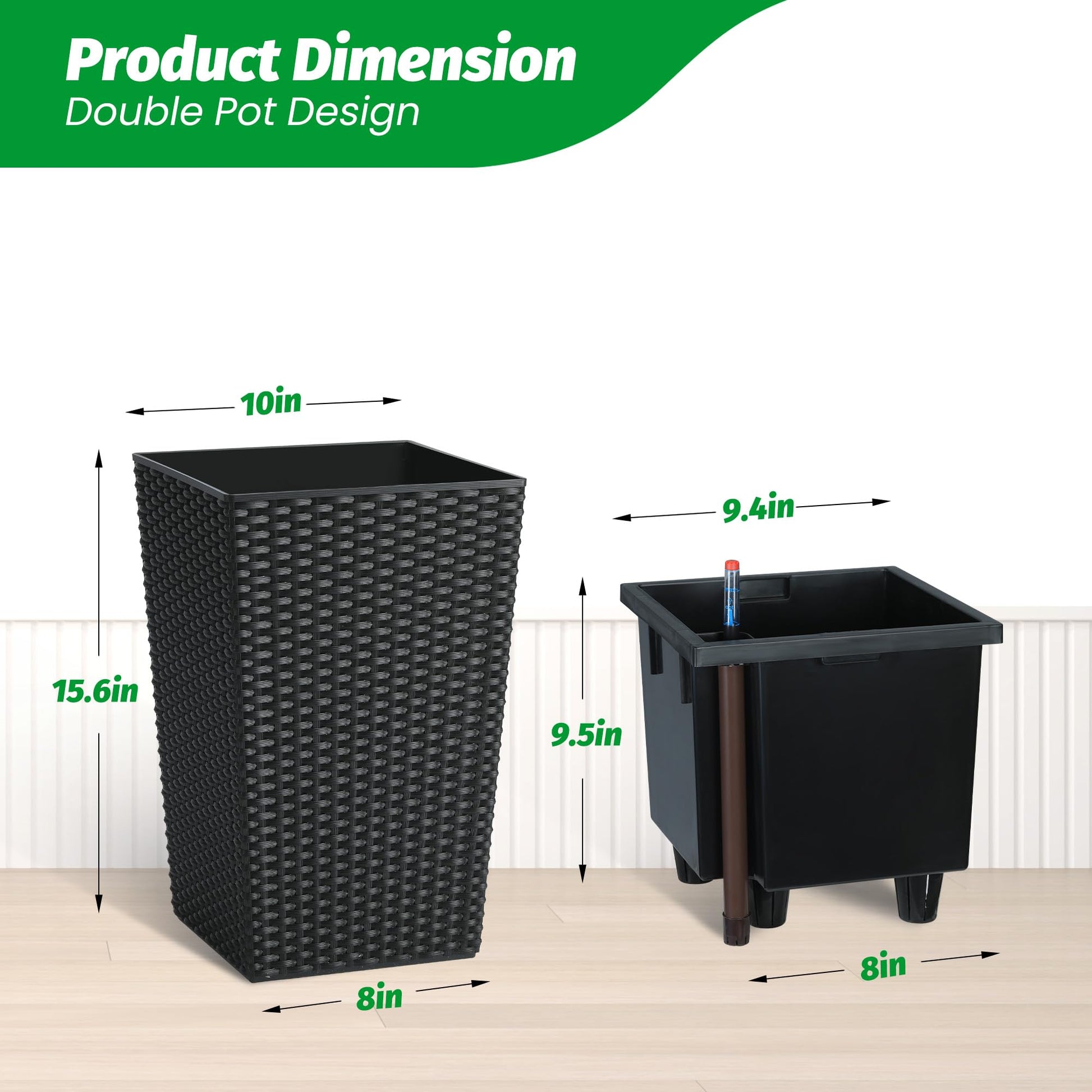 Garvee Set di 2 fioriere in rattan alte 16 pollici con indicatore del livello dell'acqua e ruote per patio e soggiorno, bianche, resistenti alle intemperie