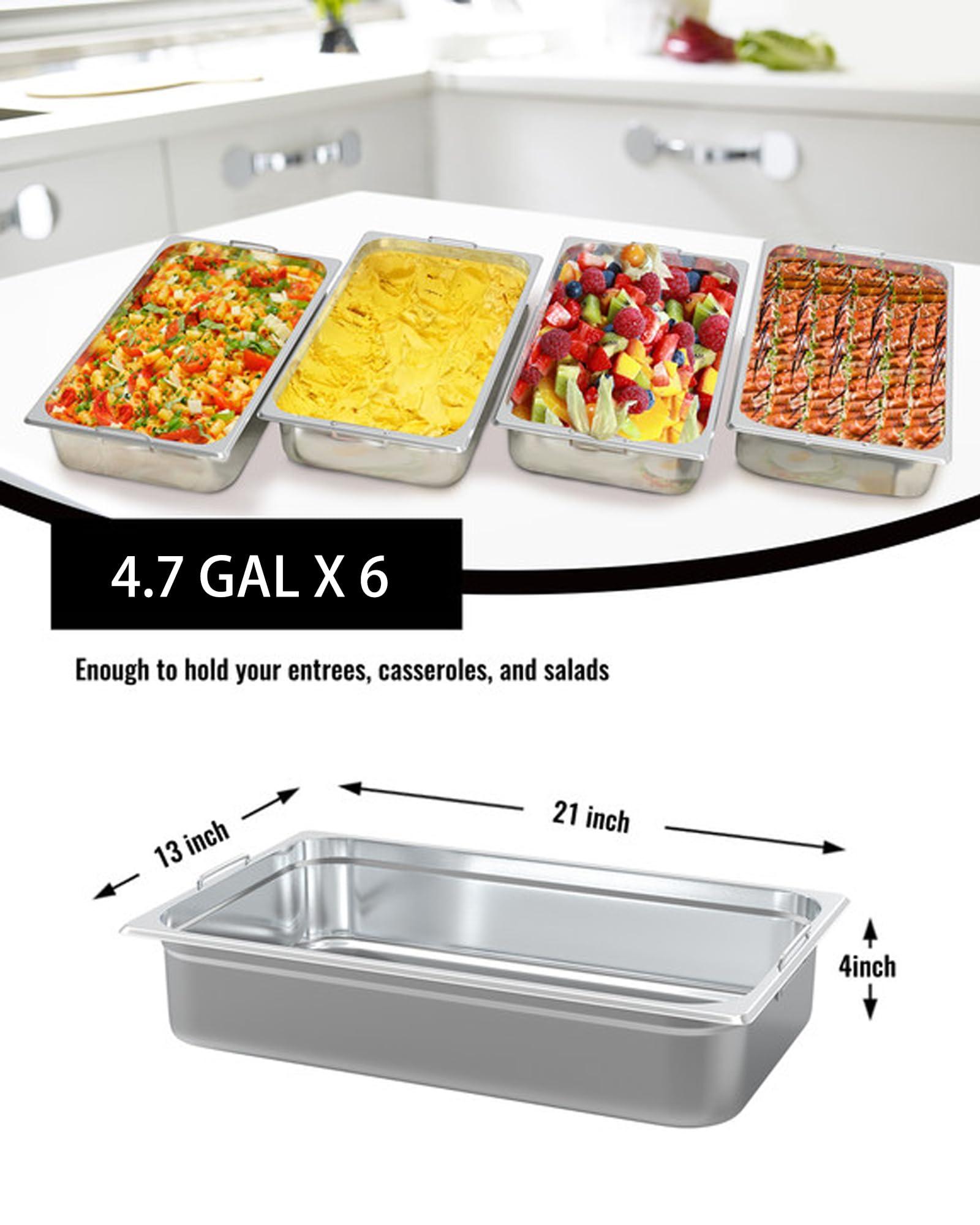 Garvee Set 6 Vassoi Catering Acciaio Inox Profondi 10.16 cm Standard - Ideali per Eventi e Feste, Finitura Specchio Senza Manico/Coperchio