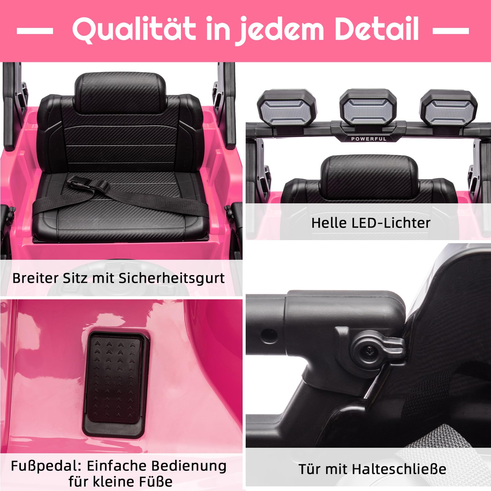 Auto elettrica per bambini Garvee con batteria potenziata da 12 V 7 Ah, 3 velocità, 2 modalità di funzionamento, telecomando 2.4G, luci LED, Bluetooth, cinture di sicurezza, rosa per bambini da 1 a 8 anni