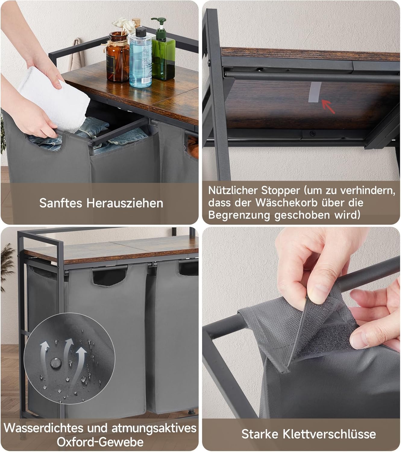 Cesto portabiancheria doppio Garvee con tasche Oxford, struttura in metallo robusto, ripiano in legno per bagno e camera da letto, grande, impermeabile