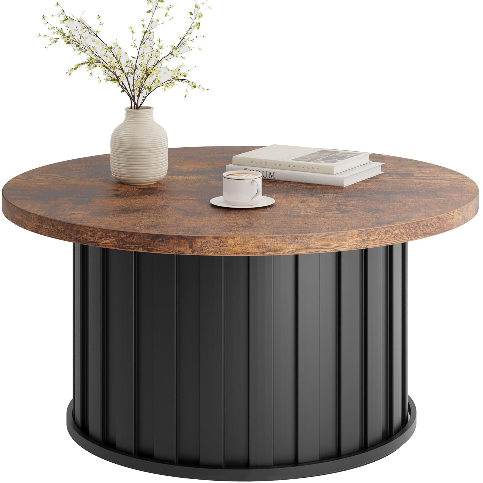 Tavolino da caffè rotondo Garvee Mid Century Modern con base in metallo, piano scanalato da 31,9" nero per soggiorno e ufficio