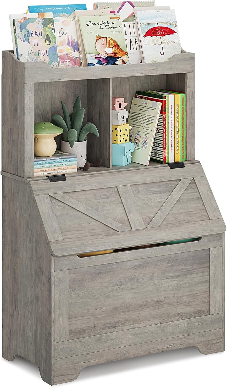 Libreria per bambini Garvee con coperchio incernierato, 2 ripiani, in legno, robusta e antigraffio, protezione antiribaltamento per sale giochi e camerette, grande, legno naturale