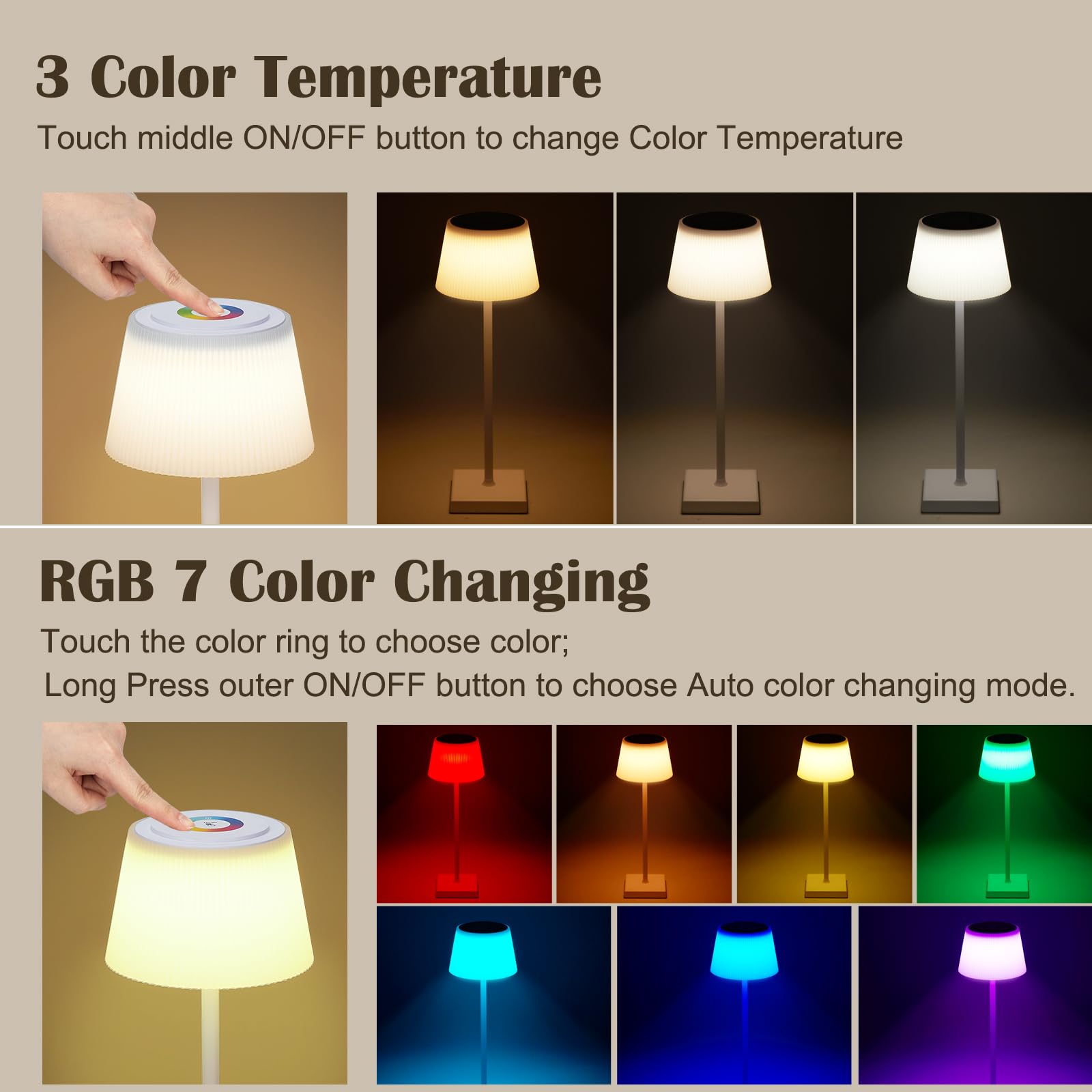 Lampada da tavolo dimmerabile wireless GARVEE con 8 colori, controllo touch, batteria da 4000 mAh, impermeabile per giardino, camera da letto, balcone, hotel, nero/bianco