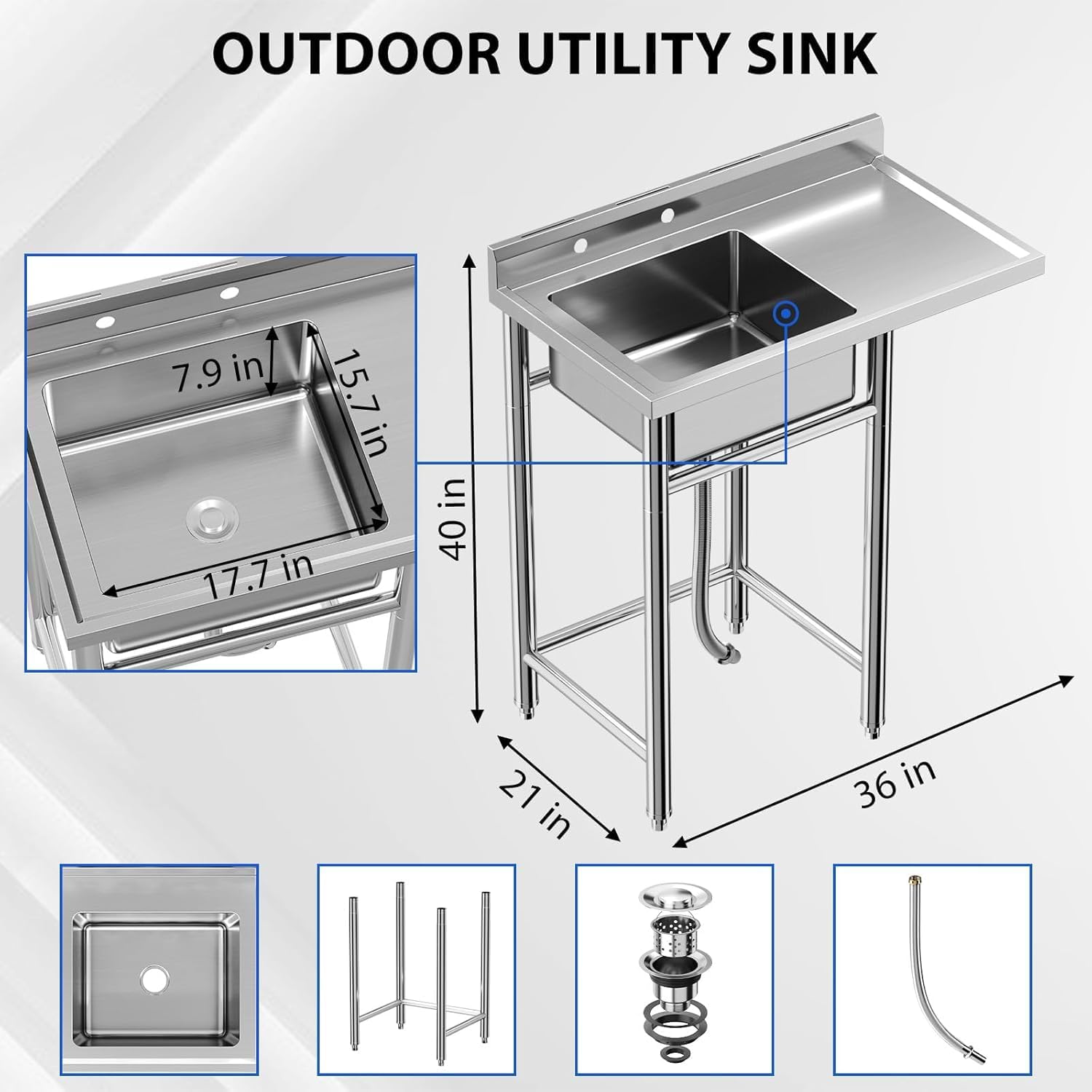 Lavello di servizio in acciaio inossidabile Garvee 91 × 53 × 101 cm Tavolo da lavoro in acciaio inossidabile 304 Garage da cucina 2 ripiani Rubinetto girevole