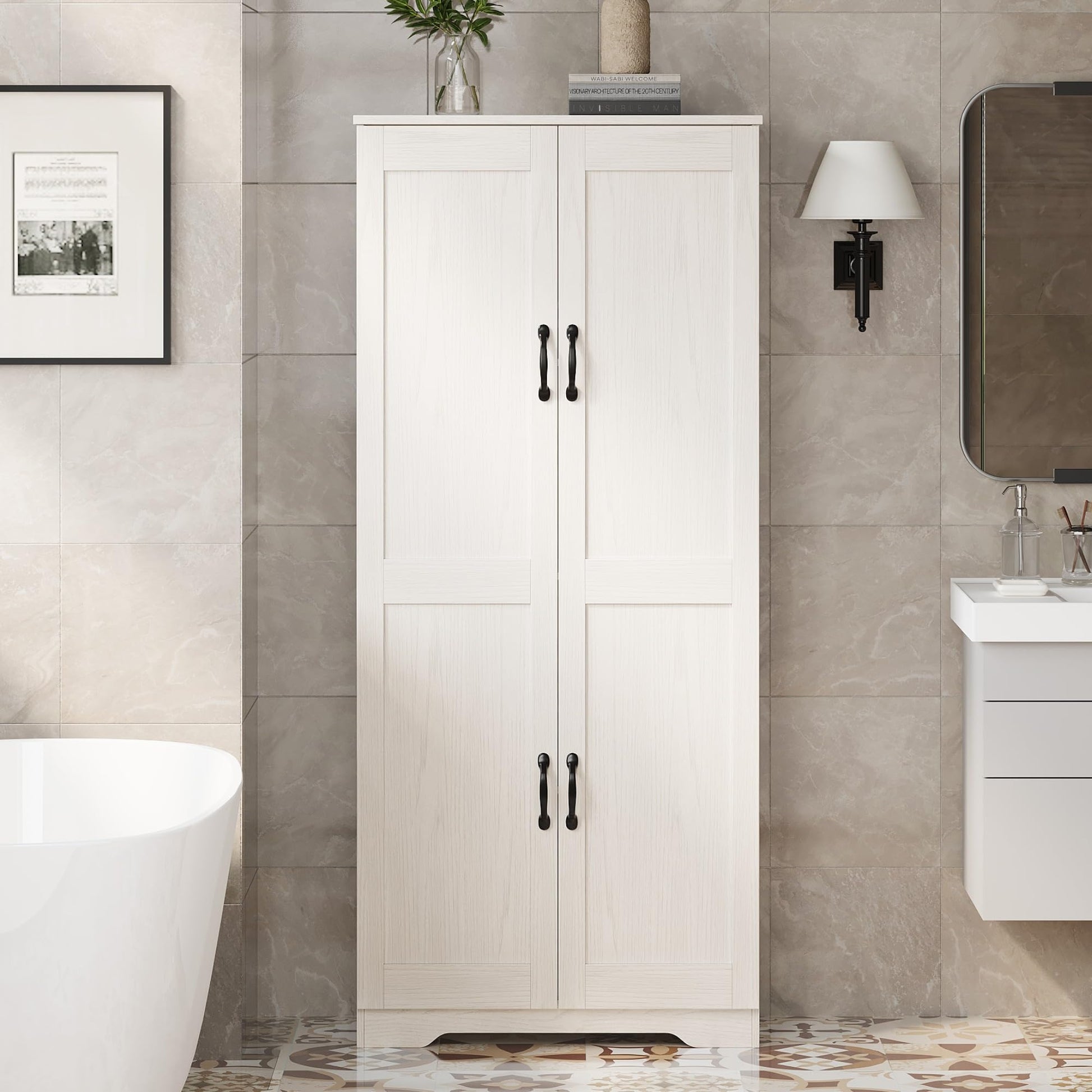 Mobile dispensa alto Garvee da 60" con 2 ante, ripiani regolabili, bianco, versatile per cucina e bagno