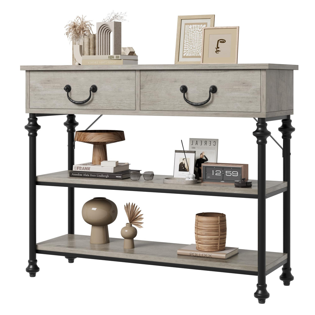 Tavolino consolle Garvee piccolo con 2 cassetti, struttura in metallo, grigio rustico, per corridoio e soggiorno, piedini regolabili, 39,4" L x 11,8" P x 31,5" H