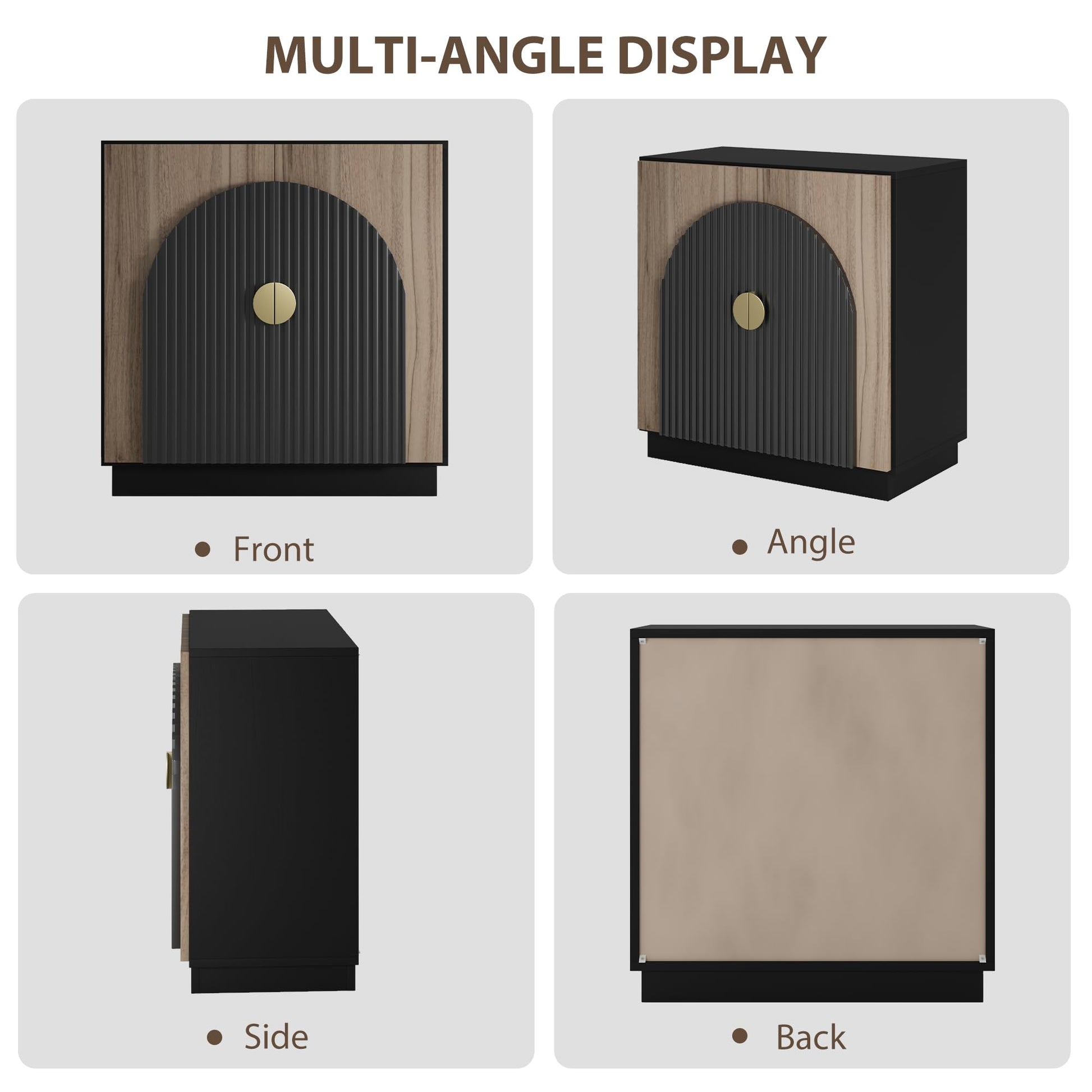 Mobile buffet Garvee Mid-Century Modern con design scanalato, ante ad arco, ripiani regolabili, nero-marrone per sala da pranzo e soggiorno, modulare, PB+MDF