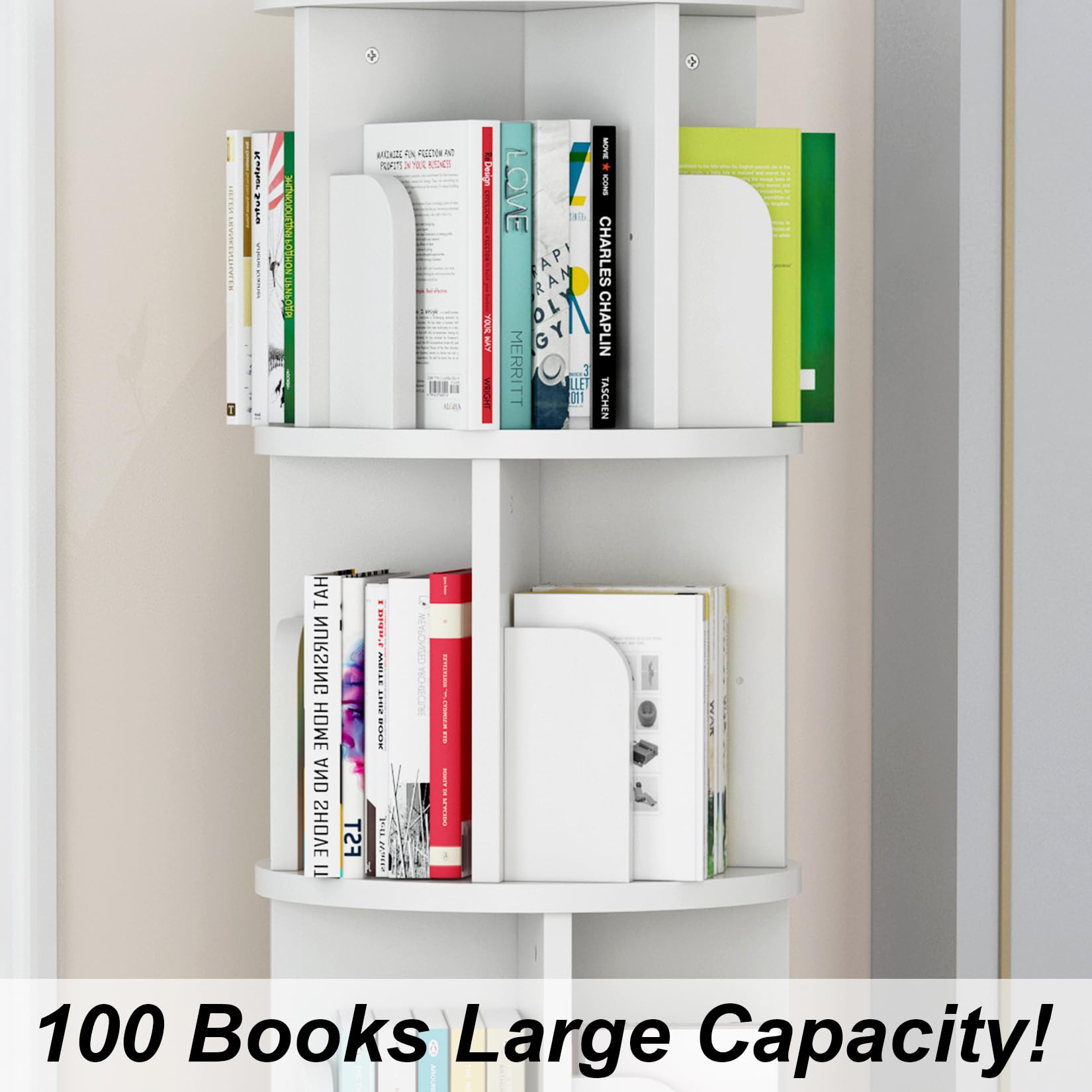 Libreria girevole Garvee da 51,2" in legno bianco, girevole a 360°, a 4 ripiani, resistente legno di pino, salvaspazio, versatile per camera da letto e soggiorno