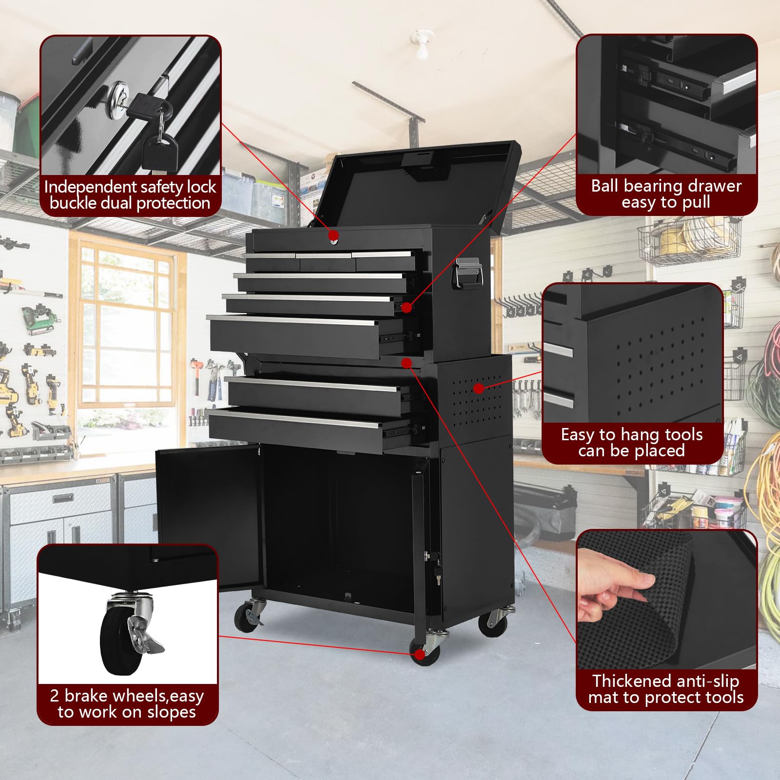 Armadio portautensili Garvee con 8 cassetti, mobile, 2 in 1 staccabile, in metallo, con serratura, per officina e garage, 24 pollici, nero
