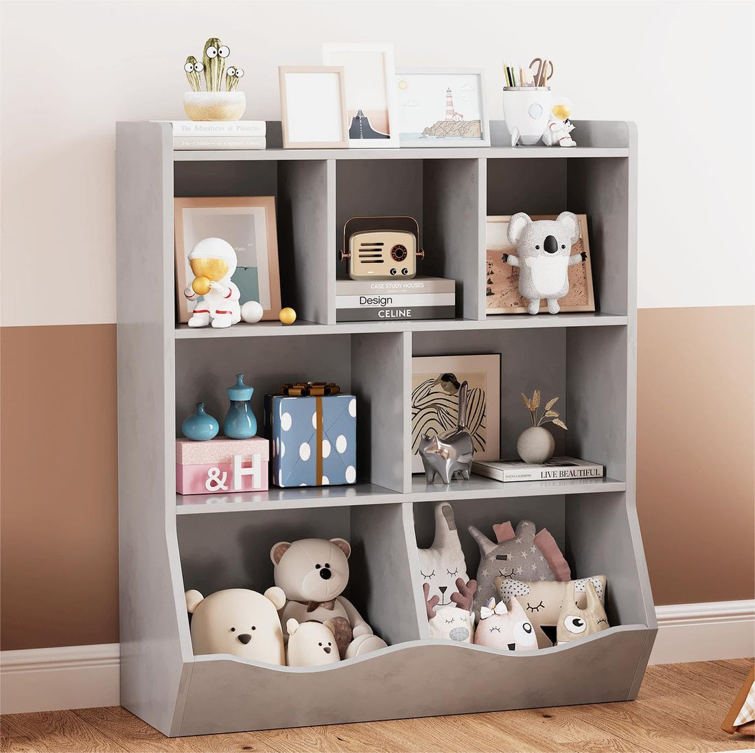 Mobiletto portaoggetti per bambini Garvee Grey, libreria a 3 ripiani, robusto, antiribaltamento, 5 ripiani, camera da letto e sala giochi, legno, grigio