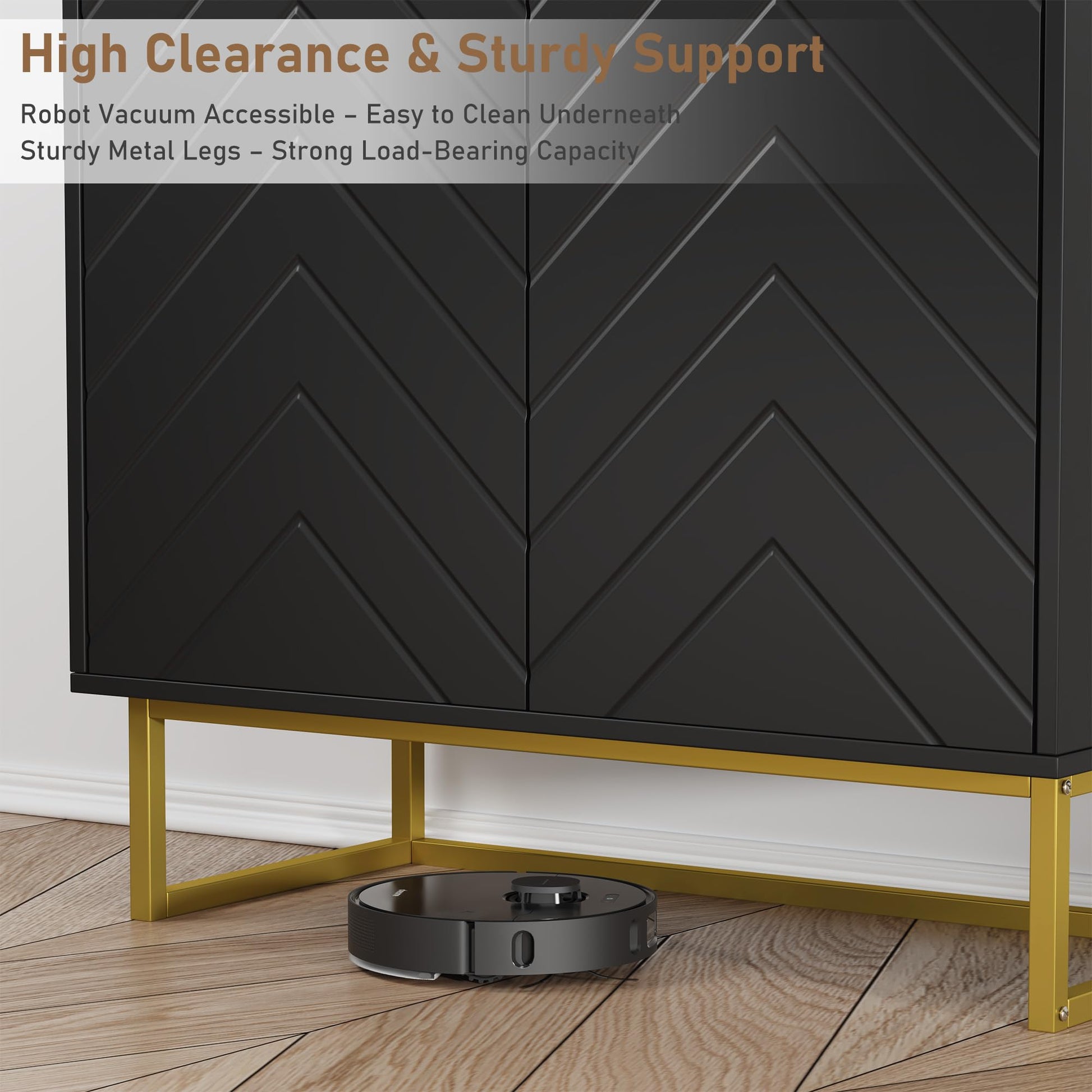 Credenza moderna Garvee da 31,5" con contenitore, motivo a spina di pesce, legno e metallo, maniglie dorate per sala da pranzo e corridoio, oro