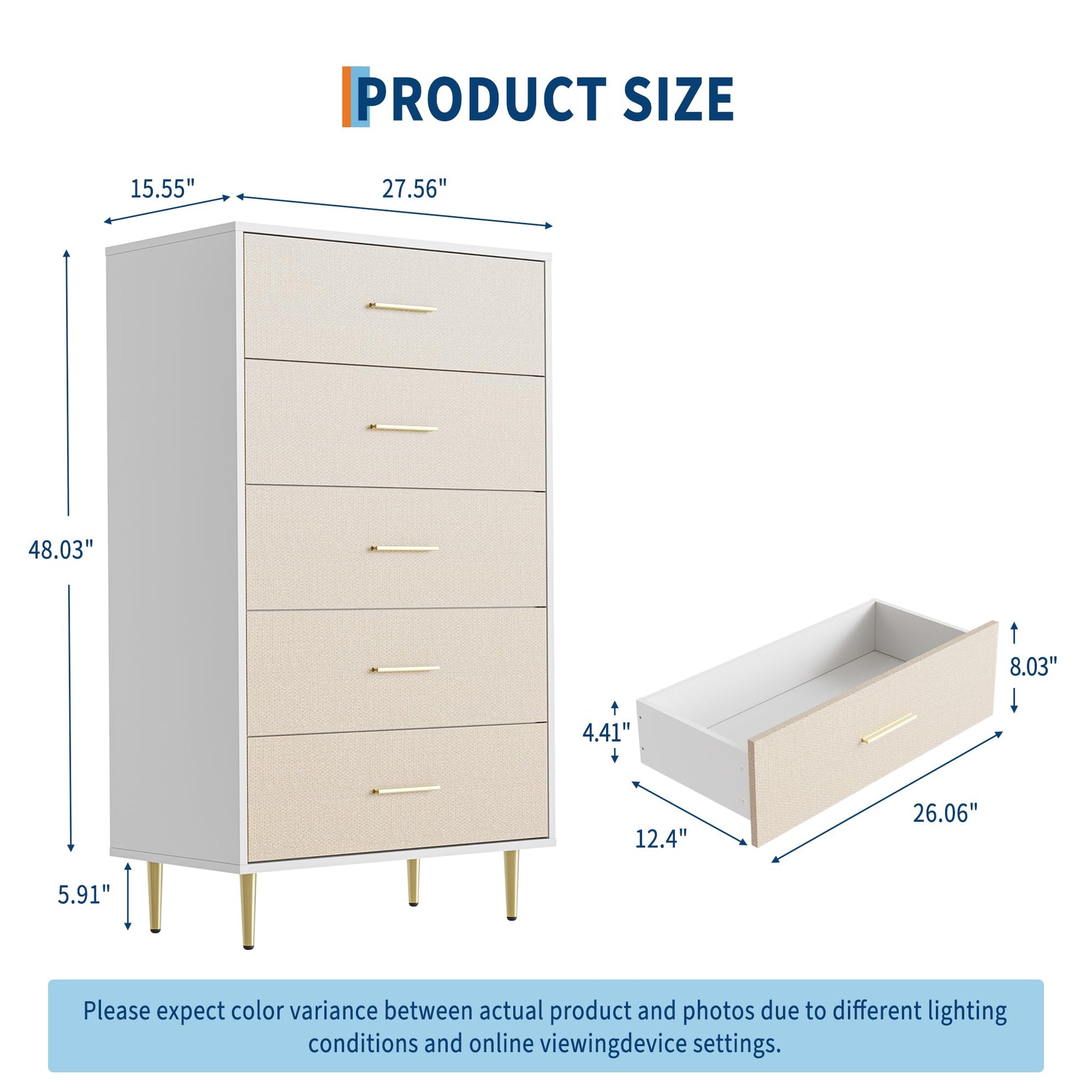 Cassettiera Garvee bianca a 5 cassetti con maniglie e gambe in metallo dorato per camera da letto e corridoio, stretta, in legno, design moderno
