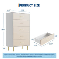 Cassettiera Garvee bianca a 5 cassetti con maniglie e gambe in metallo dorato per camera da letto e corridoio, stretta, in legno, design moderno