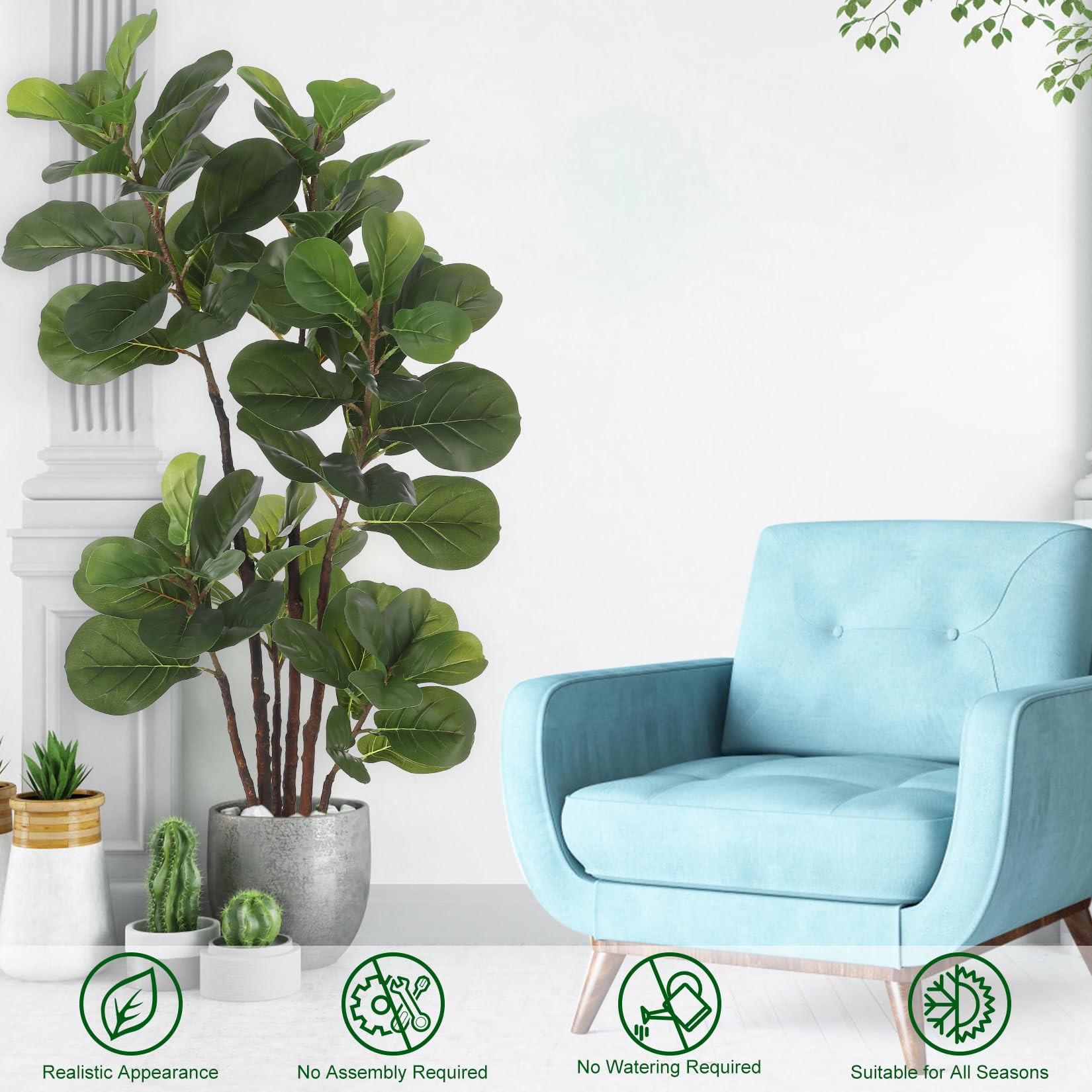 Albero artificiale Garvee Ficus Lyrata da 4 piedi con 72 foglie e robusto vaso in cemento per casa e ufficio, facile da pulire, verde scuro