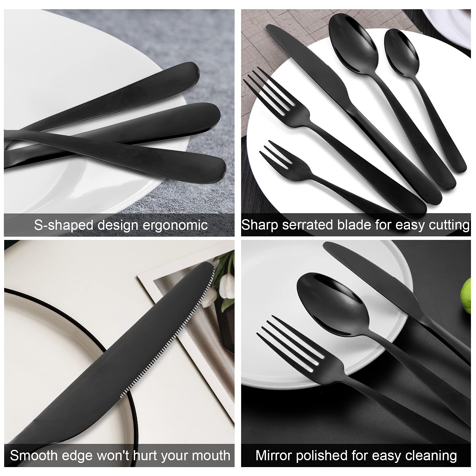 Set di posate Garvee da 60 pezzi, acciaio inossidabile, nero, per 12 persone, lucidato a specchio, lavabile in lavastoviglie, design moderno, sala da pranzo