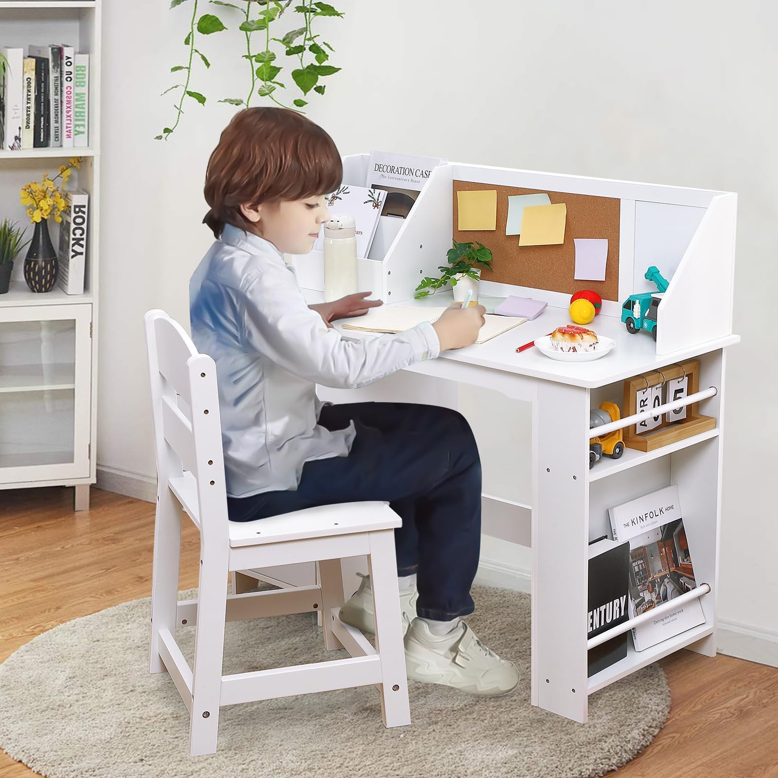 Set da scrivania in legno per bambini Garvee con contenitore, bacheca, sedia ergonomica per casa e scuola, bianco