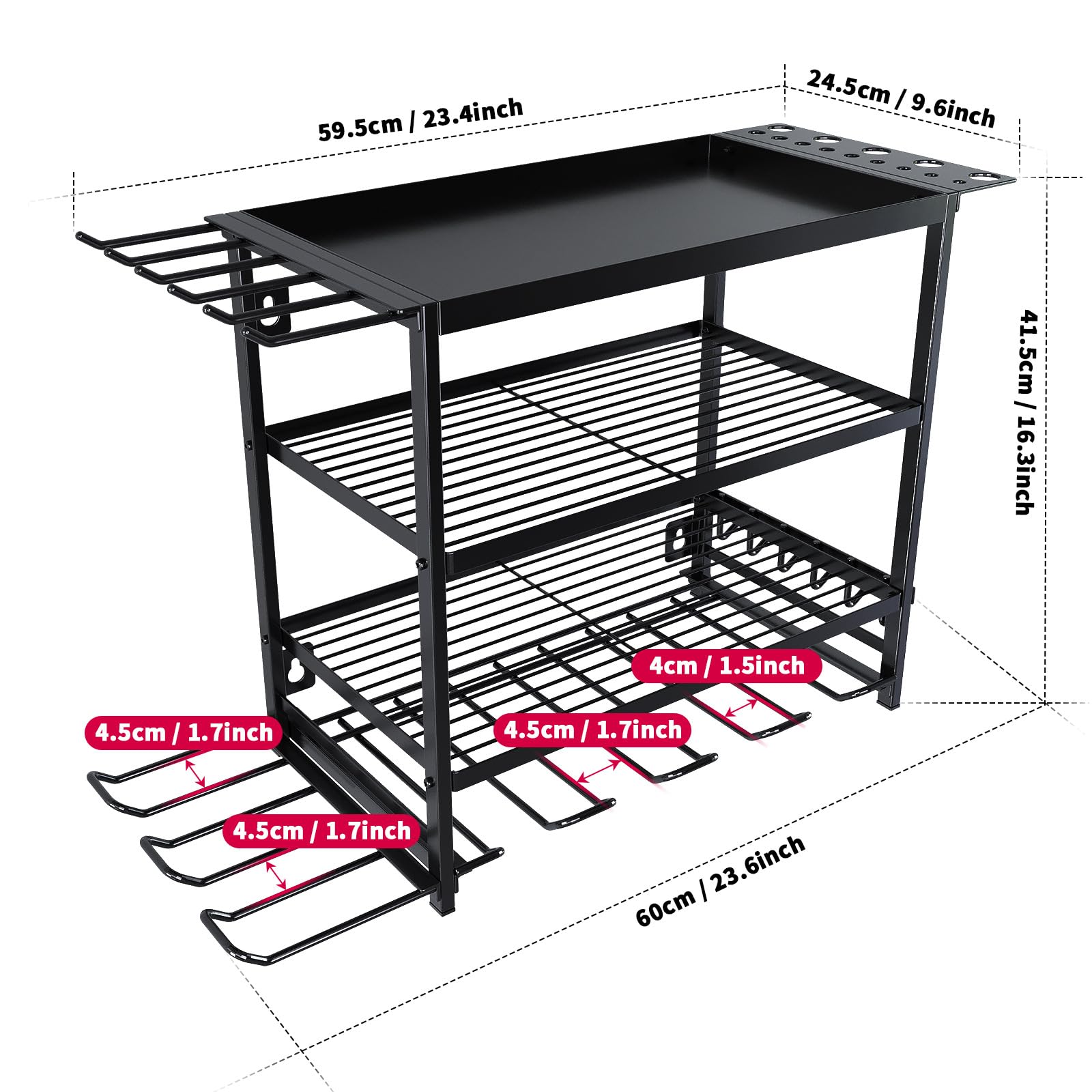 Organizzatore per utensili elettrici Garvee, montaggio a parete a 4 livelli con supporti per trapano, robusta struttura in metallo, salvaspazio, nero, per officina e garage