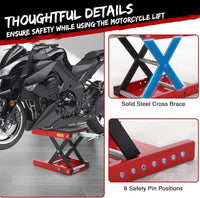 Sollevatore per moto Garvee da 1200 libbre, supporto a forbice per impieghi gravosi con ampia piattaforma e perno di sicurezza per moto da cross e moto da strada, pieghevole, telaio a X in acciaio, cuscinetti in gomma