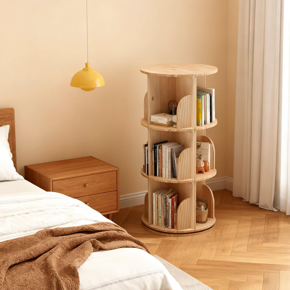 Libreria girevole a 3 ripiani Garvee in legno massello - Scaffale girevole a 360° per bambini e adulti, Ø39 cm, H98 cm, marrone