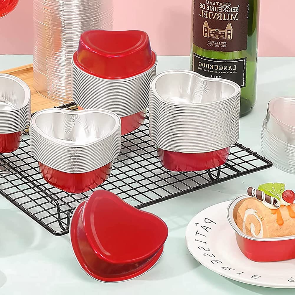 Pirottini per cupcake in alluminio Garvee, 50 pezzi, foglio di alluminio, mini cupcake mousse a forma di cuore, 100 ml, rosso, per picnic, matrimoni, feste
