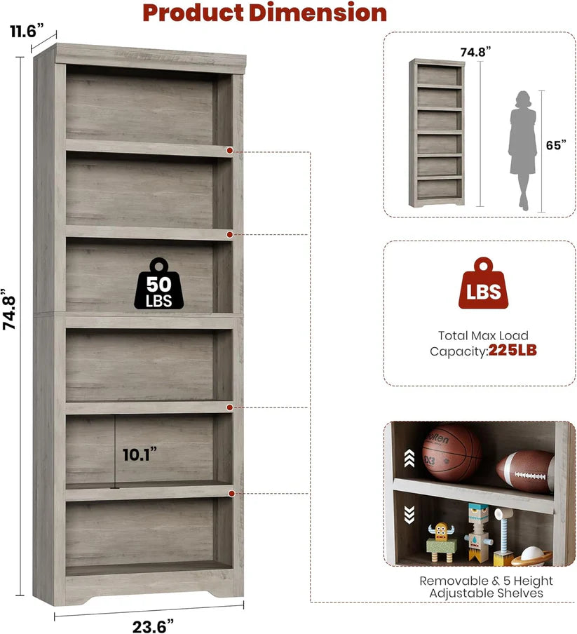 Garvee Libreria 6 Ripiani Alta Regolabile MDF Resistente Design Elegante Antiscivolo per Soggiorno e Ufficio 190 cm
