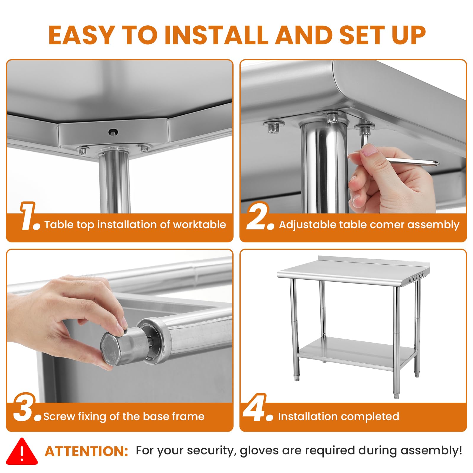 Tavolo da lavoro in acciaio inossidabile Garvee 36 x 24 x 35 pollici - Banco da lavoro professionale resistente con ganci e regolazione dell'altezza per cucina, officina o spazio commerciale