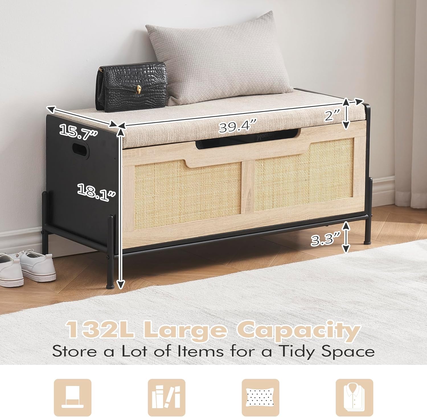 Garvee Panca Contenitore 39.4" in Rattan con Cuscino Nero e Rovere, Struttura Metallica Robusta, Maniglie Laterali Ergonomiche per Ingresso e Soggiorno