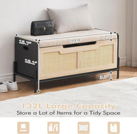 Garvee Panca Contenitore 39.4" in Rattan con Cuscino Nero e Rovere, Struttura Metallica Robusta, Maniglie Laterali Ergonomiche per Ingresso e Soggiorno