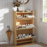 Garvee Mobile Scarpe in Legno con Ante in Rattan per Ingresso o Camera, Design Stretto, Ripiani Regolabili, Naturale