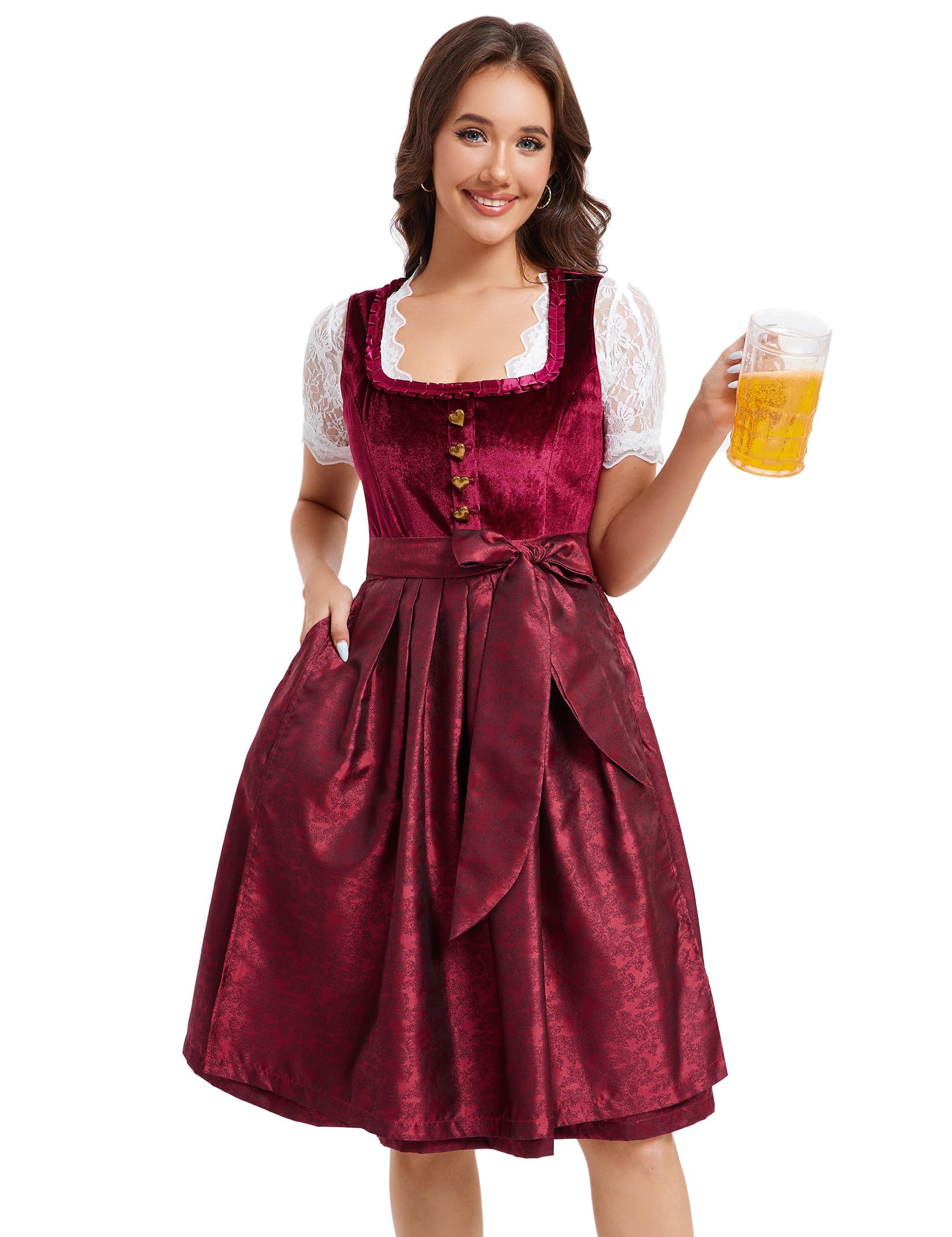 Garvee Dirndl Abito tradizionale da donna in velluto midi, Dirndl, vestito Oktoberfest, rosso vino, taglia 34